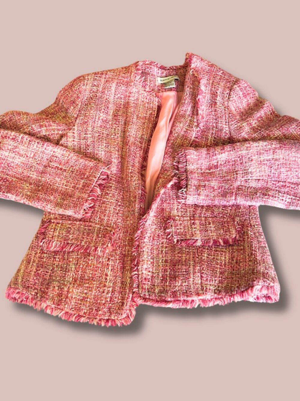 Newport News pink tweed fringe blazer with a satin lining